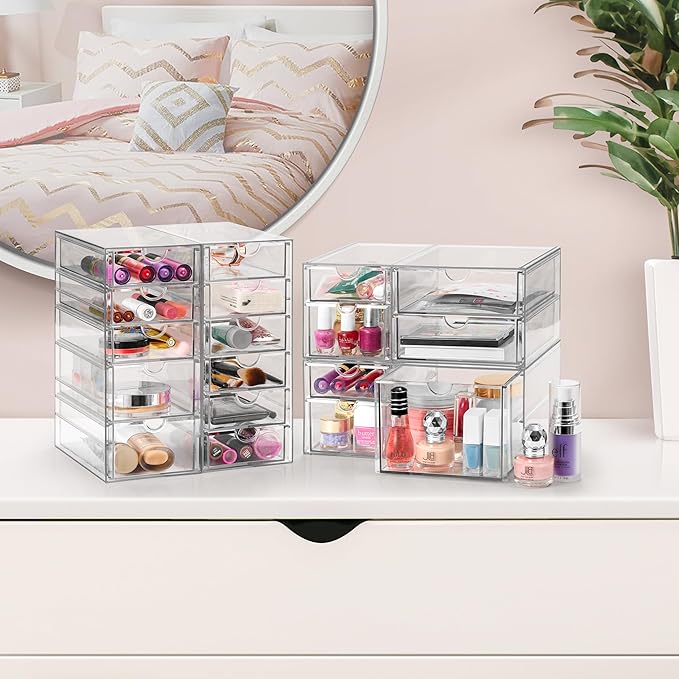Sorbus Makeup Organizer With 18 Drawers, Acrylic Drawer Organizer for Makeup, Office Organization and Storage, Art Supplies, Jewelry, Stationary - 4 Pcs Clear Stackable Storage Bins Organizer Drawers