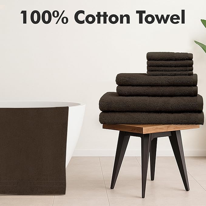 Bath Towels Set of 8 – 100% Cotton (Dark Brown) Bathroom Towel Set Bale Includes 2 Bath, 2 Hand, 4 Face Towels – Soft, Absorbent & Quick Dry Towel for Bathroom, Spa, Kitchen, Hotel Use