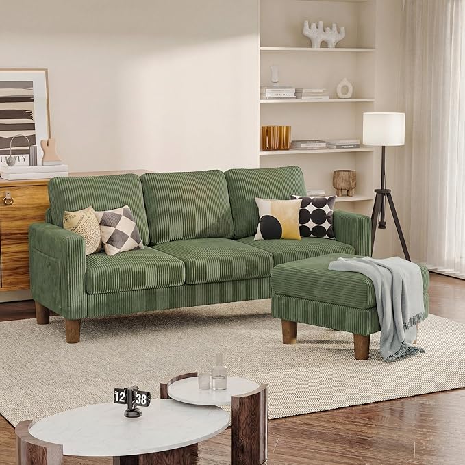 JUMMICO L Shape Sectional Sofa Couch, 3 Seat Convertible Sofa with Movable Ottoman and Side Storage Pockage, Modern Sofa Small Couches for Living Room & Apartment and Small Space (Corduroy, Green)