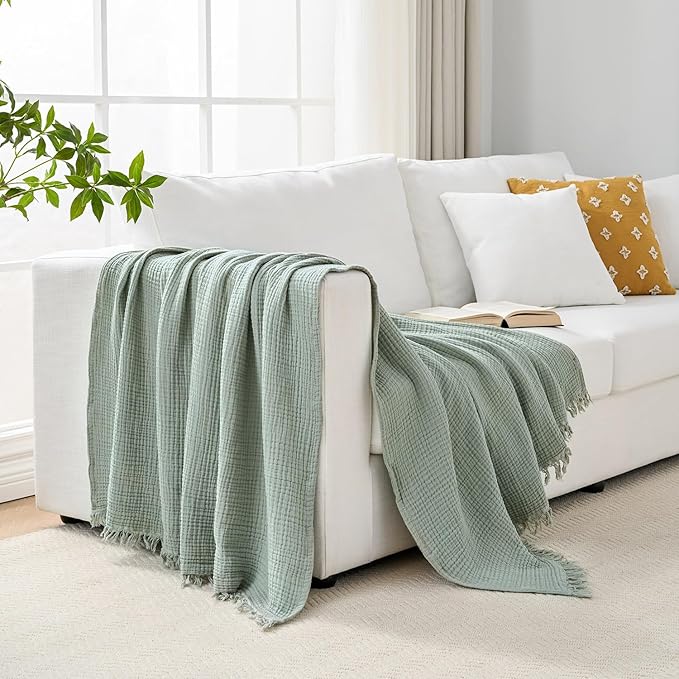 Muslin Blanket 100% Cotton Blanket Throw 50”x65”, Lightweight Breathable Summer Blanket Throw. Supersoft 4-Layer Gauze Throw Blanket for Sofa, Couch, Bed, All-Season Use, Sage Green