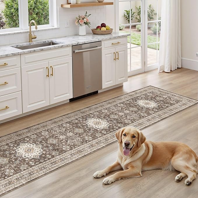 Vintage Hallway Runner Rug 2x8: Large Soft Washable Entryway for Kitchen Laundry Room Non-Slip Backing Runner for Entrance Living Room Bedroom Bathroom - Dark Brown