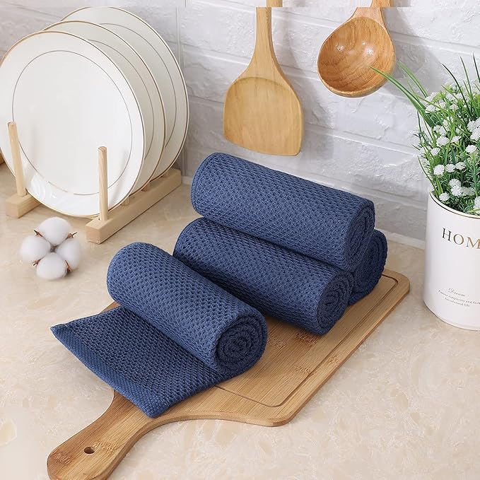 Kitinjoy 100% Cotton Waffle Weave Kitchen Hand Towels (13 x 28 Inches, Navy Blue), 8-Pack Super Soft and Absorbent Dish Towels for Drying Dishes