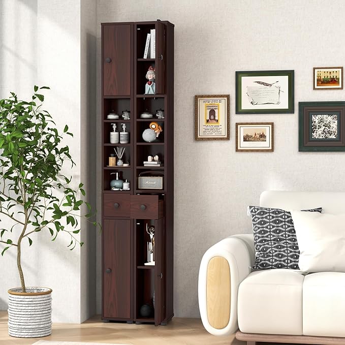 Giantex Slim Bathroom Storage Cabinet - Tall Narrow Floor Cabinet Cupboard with 2 Doors, 5 Adjustable Shelves, Drawer, Anti-Tipping Device, Thin Linen Tower Cabinet for Living Room, Reddish Brown