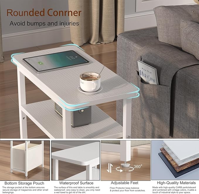 Narrow Side Table Set of 2, Skinny End Tables with Fabric Basket, Small Side Tables for Small Space,2-Tier Open Shelves with Basket, Slim Nightstands Set 2 for Bedroom,Livinroom,Office,White