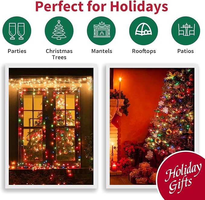 LAMPHOME Multicolor Christmas String Lights,Multi-Colored Mini Lights,100LED 21.6Ft Fairy Tree Lights Plug in for Indoor Outdoor Xmas Decorations Patio Holiday Theme Party Yard House,Green Wire