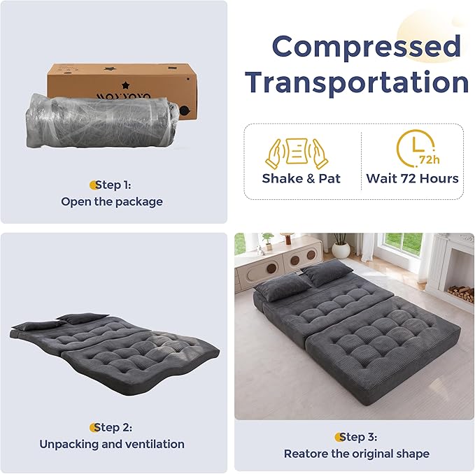 MAXYOYO Folding Sofa Couch, Convertible Floor Sleeper Couch with 2 Pillows, Tufted Floor Loveseat Couch Tufted Fold Out Chair Bed Comfy Sofa Lounge for Living Room Bedroom, Dark Grey