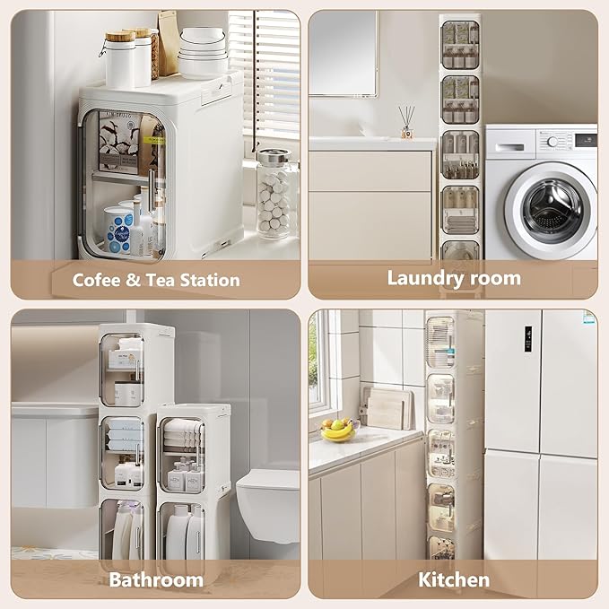 5-Tier Tall Narrow Storage Cabinet with Transparent Doors and Shelves,Plastic Slim Bathroom Organizer, Foldable Storage Cabinet for Small Space, Bathroom, Kitchen
