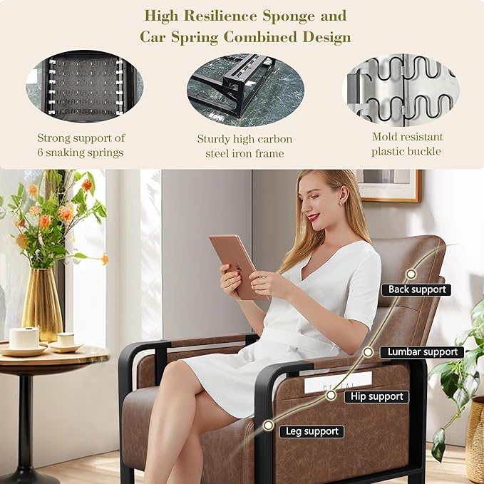 Modern Accent Chair with Tray Table PU Leather Upholstered Armchair for Bedroom Leisure Living Room Chairs Office Chair Dark Brown