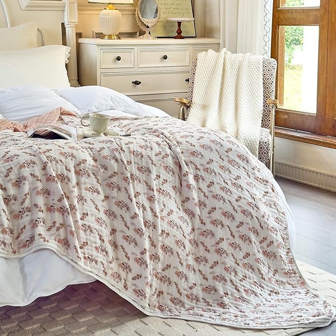 SANACYNA Muslin Blankets 100% Cotton 6-Layer Gauze Queen Floral Bed Blanket Lightweight Soft Breathable Blanket for Sofa Bed Coverlet Both Sides (Floral, Queen 90" X 90")