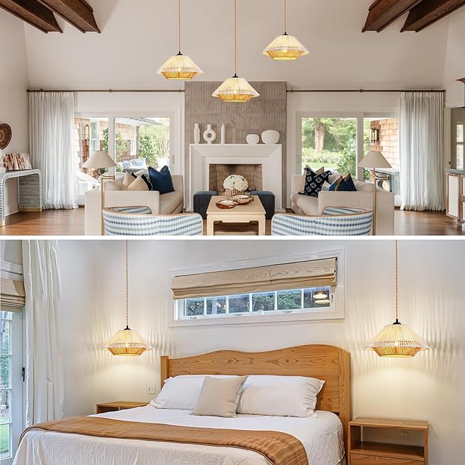 Boho Plug in Hanging Light - 12.7 Inch Rattan Plug in Pendant Light Dimmable Wicker Bamboo Woven Lampshade Hanging Lamp for Bedroom Living Room Farmhouse