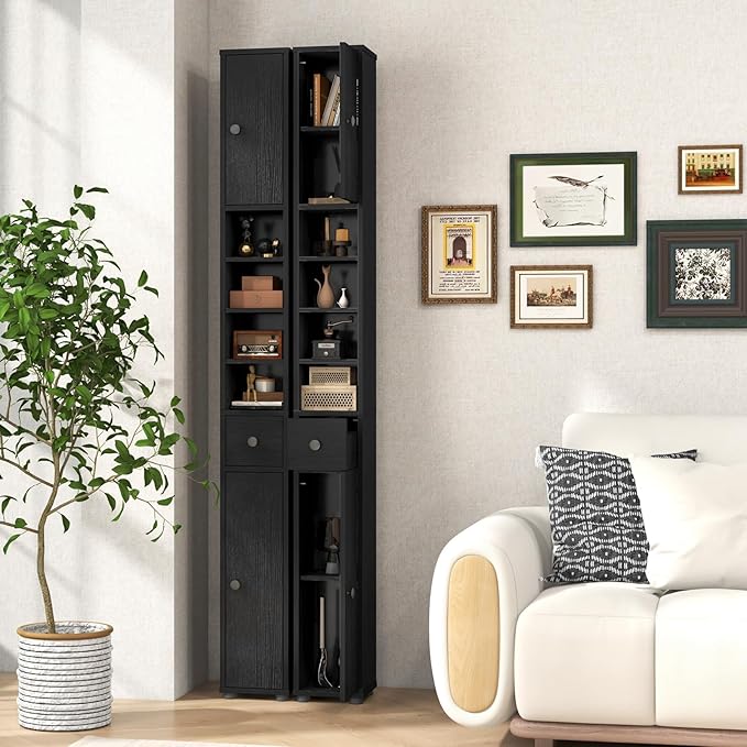 GOFLAME 71” Tall Bathroom Storage Cabinet, Narrow Freestanding Organizer with 1 Drawer, 2 Doors & 5 Open Shelves, Slim Bathroom Cabinet for Small Space, 8" x 8" x 71", Black