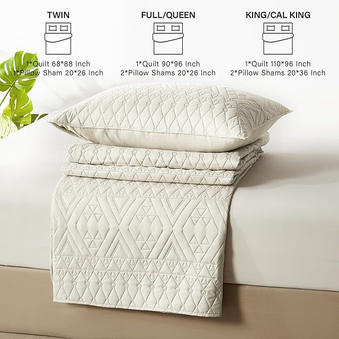 King/Cal King Quilt Set 3-Piece - Boho Cream Lightweight Bedspread