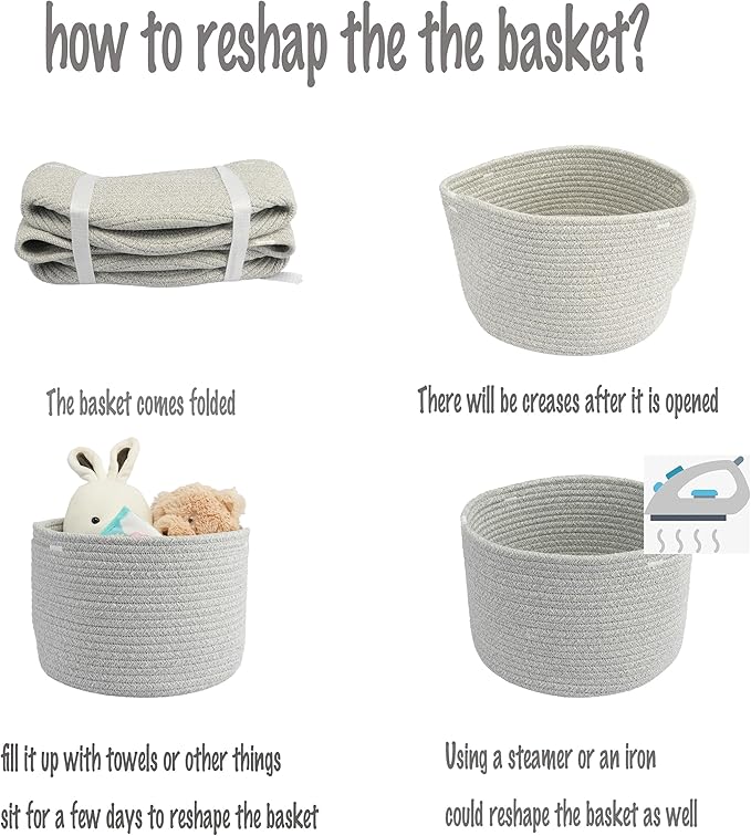 Woven Cotton Storage Baskets - 3-Pack Round Bins (10x10x7'') for Shelves, Closets & Bookcases | Durable Rope Organizers for Nursery, Baby, Toys, Easter & More (grey)