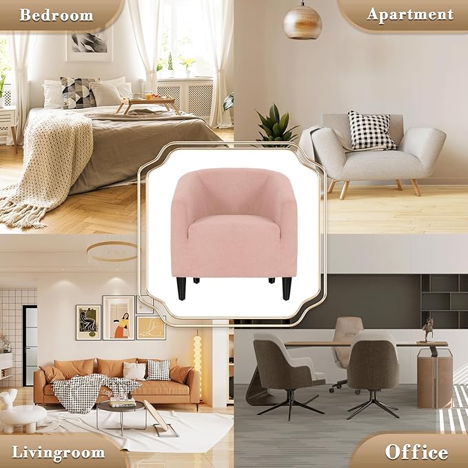 Athena Collection Modern Barrel Accent Chair, Furry Cozy Reading Arm Chair for Adults, Soft Comfy Upholstered Sofa Armchair for Corner, Living Room, Bedroom, Reception Room, Pink