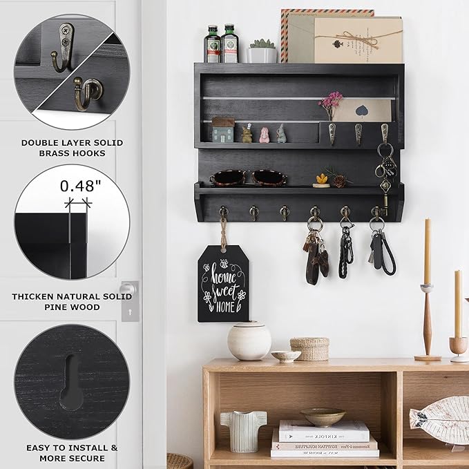 Innovation Premium Pine Wood Key Holder for Wall - Handcrafted Mail Organizer & Wall Mount Key Holder with 9 Sturdy Hooks, Finely Sanded & Hand-Sprayed Entryway Decor, Black