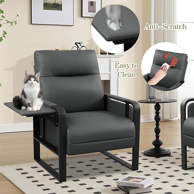 Faux Leather Accent Chairs Set of 2 with Side Table Modern Upholstered Armchair Leisure Chairs for Living Room Bedroom Office Club Dark Grey