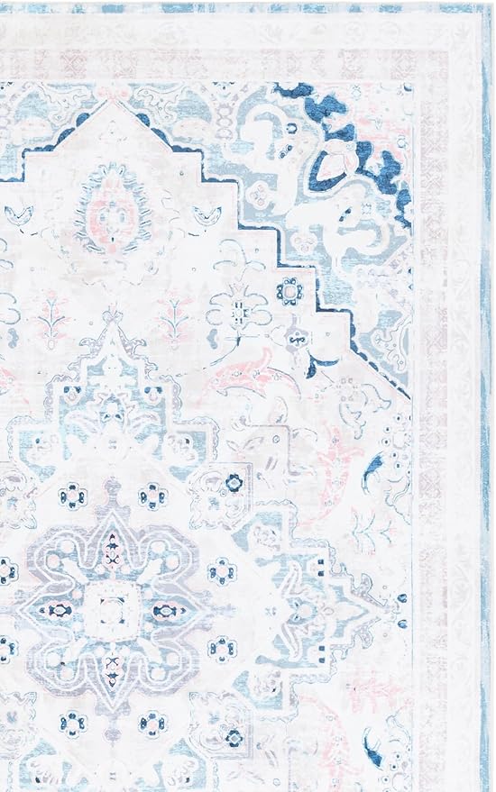 Safavieh Washable Rug Arizona Collection - 6' x 9', Ivory & Aqua, Slip Resistant & Easy to Clean, Ideal for Living Room, Bedroom, Home Office, Dining Space (ARZ324A)