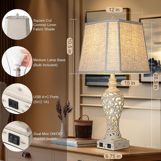 Linen Fabric Table Lamps Set of 2 – USB Port, Night Light, 28.5" Bedside Lamp