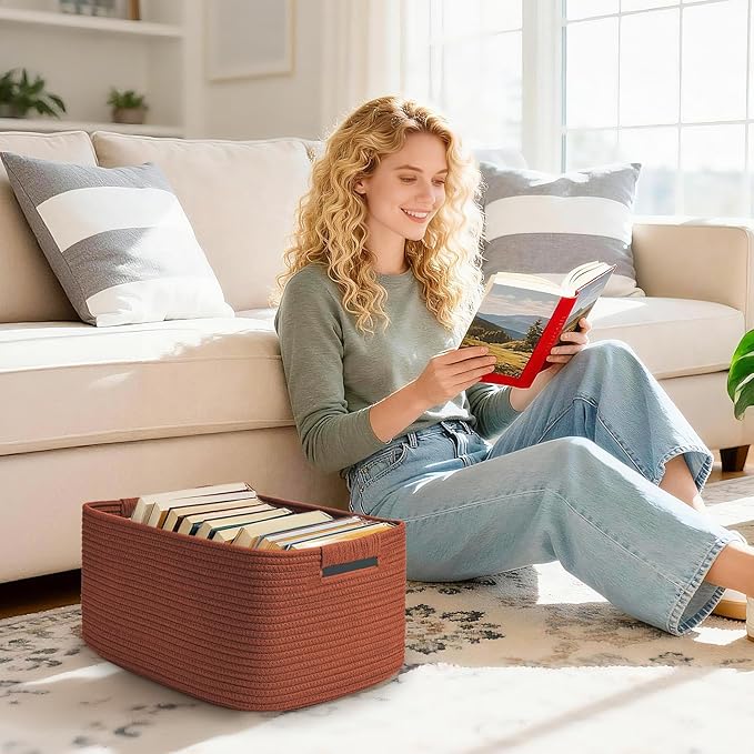 3 Pack Large Storage Basket for Organizing, 17.5"x13"x7" Woven Basket for Shelves, Closet Cube Storage Bins with Wrapped Handle, Cotton Rope Baskets for Kitchen, Clothes, Toys(Oxide Red)
