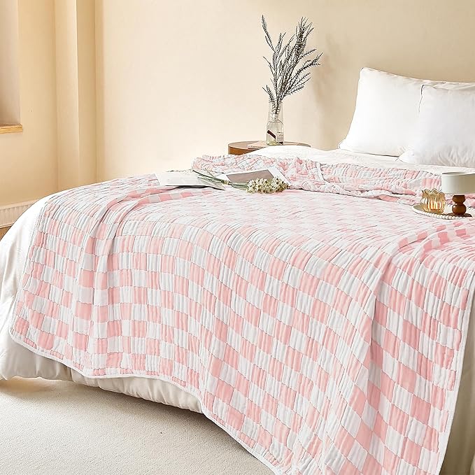 SANACYNA Muslin Blankets 100% Cotton 6-Layer Gauze Pink Cooling Blanket Lightweight Soft and Breathable Swaddle Blanket for Sofa Bed Both Sides (Pink Checkerboard, Baby 30"x40")