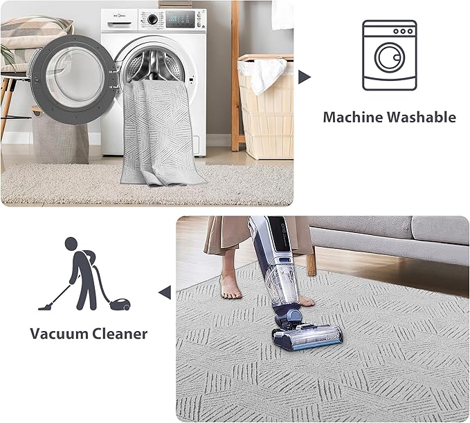 NICETOWN 8x10 White Area Rug for Bedroom, Jacquard Large Thin Washable Rug for Living Room Non-Slip Door Mat, Ultra Soft for Bedroom Living Room Kitchen Home Office, White and Grey