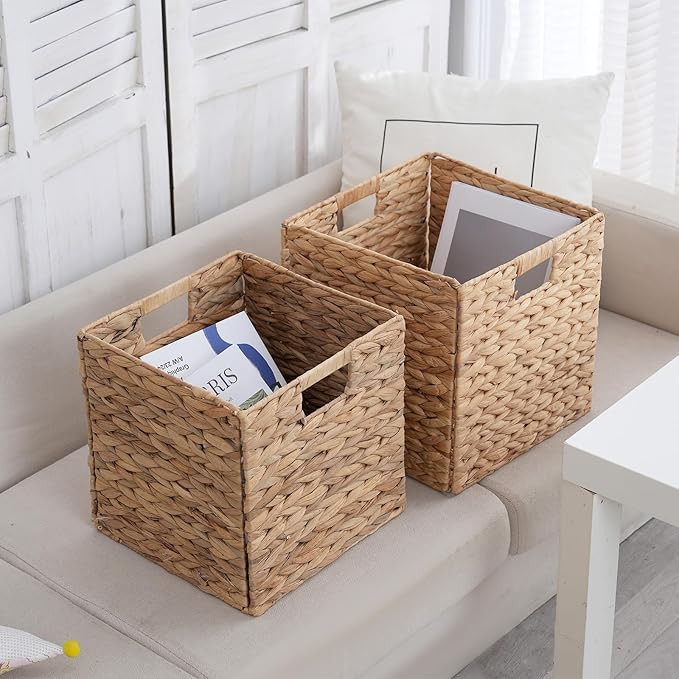 2-Pack Foldable Wicker Cubes 12x12x12 Inch, Cube Storage Bin Woven Storage Basket, Square Wicker Basket for Home & Kitchen Shelf Organizers, Decorative Storage Basket for Bedroom/Bathroom/Office