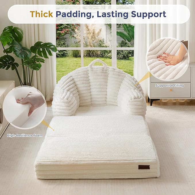 MAXYOYO Folding Sofa Bed, 2 in 1 Convertible Sofa to Lounger Comfy Faux Fur Bean Bag Chair for Adults, Floor Single Sleeper Couch Chair with Handle, Couch Bed for Living Room Bedroom, Beige