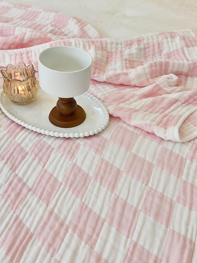 Ultra Soft Cozy 6-Layer Muslin 100% Cotton Checkered Queen Size 90"x90" Bed Blanket Breathable Lightweight Checkboard Bed Blankets Decorative for Sofa Bed All Seasons Both Sides Pink