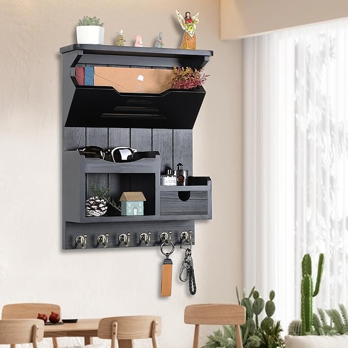 DOPACE Key Holder for Wall, Mail and Key Holder, Mail Organizer Wall Mount with Storage Drawer and 6 Hooks, Easy Installation Key Rack for Entryway and Home Decor, Black