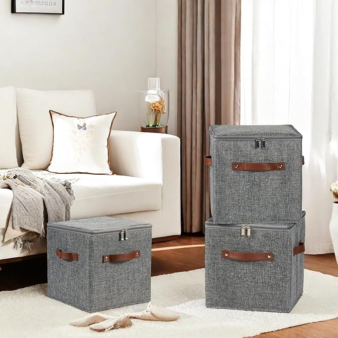 2PCS Storage Cubes with Lid Fabric Storage Bins Boxes PU Leather Handles Cotton Linen Closet Organizer Container Decorative Foldable Washable Shelf Cloth Basket (Zipper Lid, Gray, 11in)