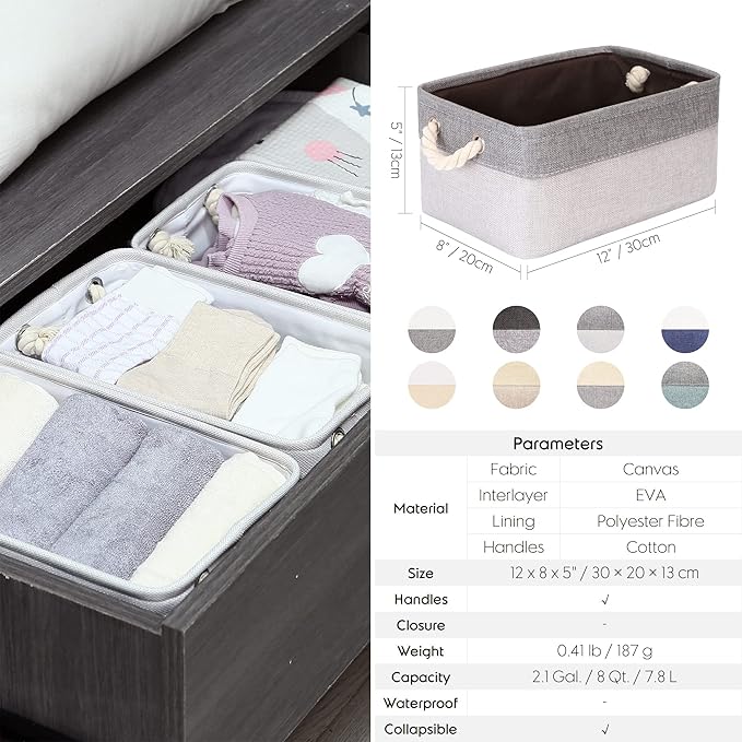 Sea Team 3-Pack Small Storage Basket Set, Storage Cube Organizer, Storage Bins, 12 x 8 x 5 Inches, Rectangle Canvas Fabric Collapsible Shelf Box with Handles for Kids Room (Grey/White)