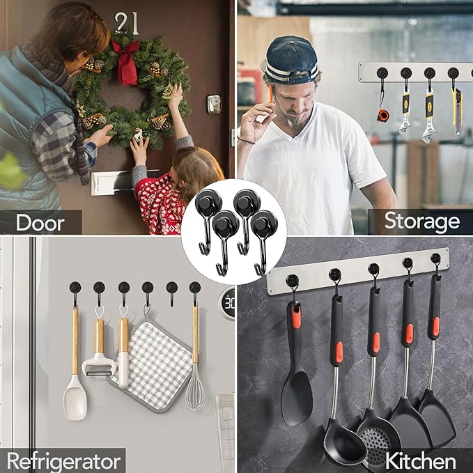 MIKEDE 12 Pack Magnetic Hooks, 40Lbs Heavy Duty Neodymium Magnet Hooks Black Magnetic Swivel Hooks for Hanging, Rust Proof Strong Magnets with Hook Magnetic Metal Hanger for Toolbox, Storage