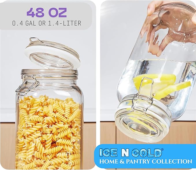 Airtight Glass Storage Jars with Clamp Lid โ Food Storage Containers with Rubber Gasket Seal โ Pantry & Kitchen Canisters for Dry Goods, Coffee, Sugar, Pasta โ 0.4L to 4L Sizes (4, 48oz | 1.4L)