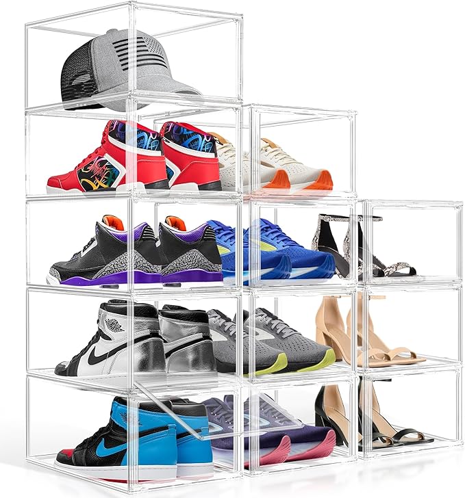 2 Pack Drop-Front Clear Shoe Storage Box Acrylic Box Shoe Organizer Size 13, Stackable Shoe Tower with Magnetic Door Large Storage Bins for Sneaker Containers Display & Closet Organization