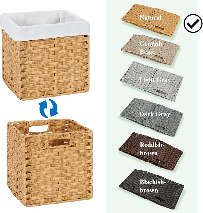 Bidtakay Wicker Storage Baskets with Liners 11x11 Storage Cube Bins with Handles Imitation Water Hyacinth 4-Pack Waterproof Woven Storage Baskets for Organizing Rattan Baskets Organizer-Natural