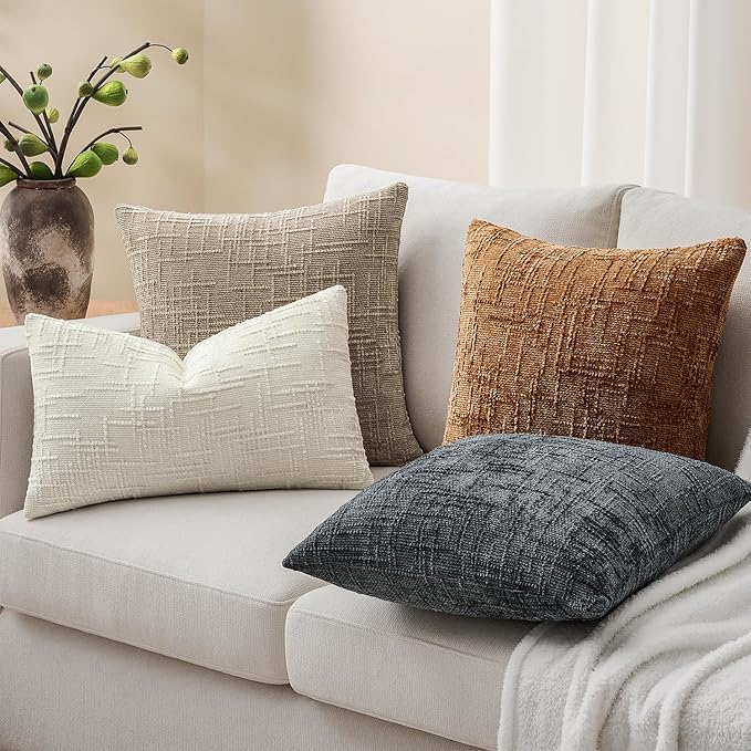 Decorative Couch Throw Pillow Covers 22x22 Set of 2 White Soft Chenille Pillow Covers Neutral Textured Boho Cushion Covers for Modern Farmhouse Sofa Bedroom Living Room Decor SY008-A22