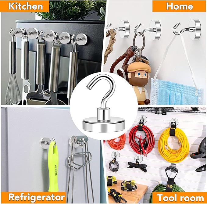 MIKEDE Magnetic Hooks Heavy Duty, 170LB+ Rare Earth Neodymium Magnet Hooks with Epoxy Coating, Extra Strong Cruise Hooks for Hanging, Magnetic Hook Hanger for Cabins, Grill, Garage - 6 Pack