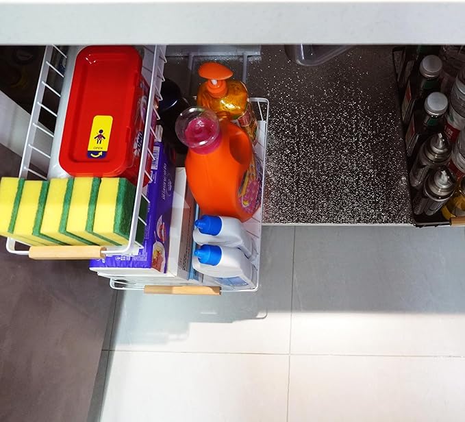 Under Sink Organizer, 2 Tier Pull Out Cabinet Organizers and Storage for Kitchen Bathroom Pantry Laundry, Adjustable Height, Slide Out Thickened Metal Storage Shelf (White, 1 Pack)