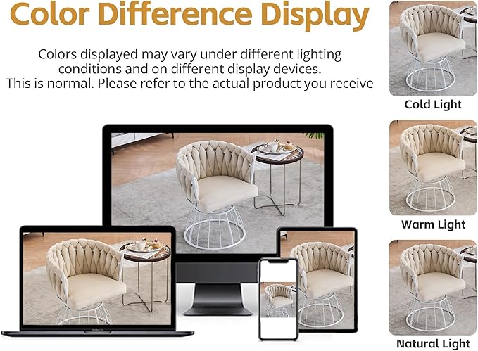 Mistpeople Swivel Weave Accent Chair, Velour Upholstered Modern Chair with Woven Tufted Backrest for Living Room, Bedroom, Vanity, Beige