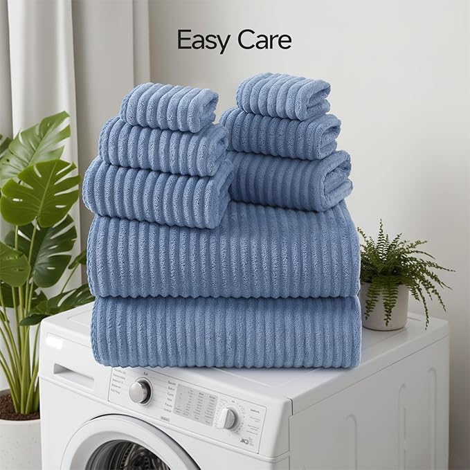 REDKISS Blue Bath Towels Set 8 Piece - Microfiber Bathroom Towels of 8 Large, Highly Absorbent Bath Towel, Soft Shower Towel for Bathroom, Hotel 2 Bath Sheet 2 Hand 2 Washcloths 2 Hair Towel Wrap