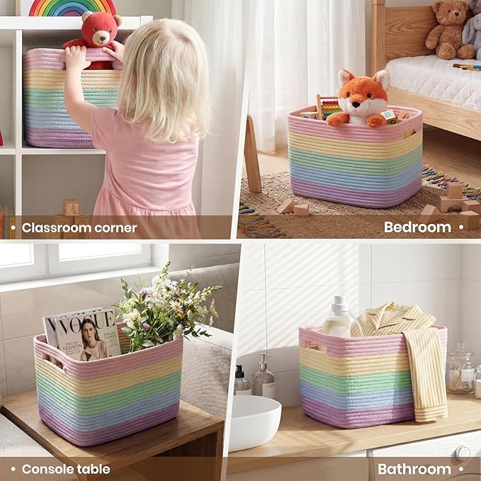 Storage Baskets for Organizing, 14 x 10 x 9” Closet Shelf Woven Baskets, Square Bins with Handles, Cotton Rope Basket for Toys, Clothes, Office, Room, Rainbow 1 Pack