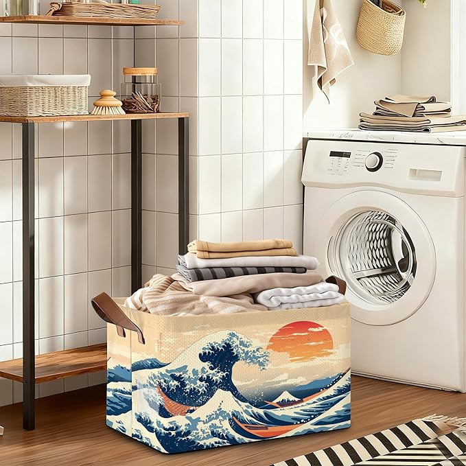 Decorative 32L Japanese Waves Storage Bins with Handles, Organization and Storage, Cube Storage Organizer for Hamper, Nursery