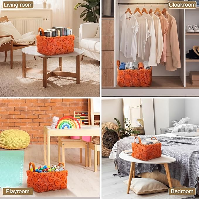 2 Pcs Orange Basketball Storage Baskets 14x10 Inch Easter Basket Sport Theme Home Decor Foldable Fluffy Plush Storage Bin with Handle Decorative Closet Organizer for Home Office Laundry Car