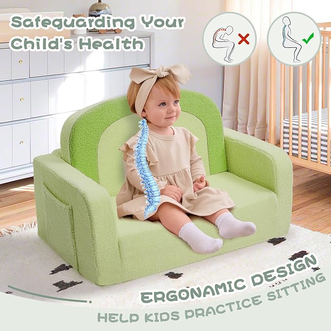 Extra Wide Kids Couch, 2-in-1 Soft Toddler Couch with Blanket, Comfy Toddler Chair, Convertible Sofa with Cute Rainbow Design, Green