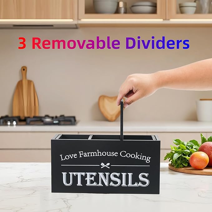 Kitchen Utensil Holder,Farmhouse Wooden Utensil Holder For Kitchen Counter,Large Cooking Spatula Organizer,Big Storage With 3 Compartments Flatware Spoon Tool Cutlery(Black)