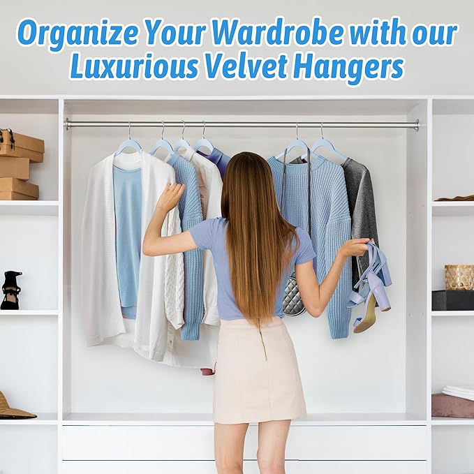 30 Pack Velvet Hangers โ Premium Non-Slip Slim Clothes Hangers with 360ยฐ Swivel Hook, Space-Saving Flocked Shirt Hangers for Coats, Dresses, Blouses, Suits(Blue)