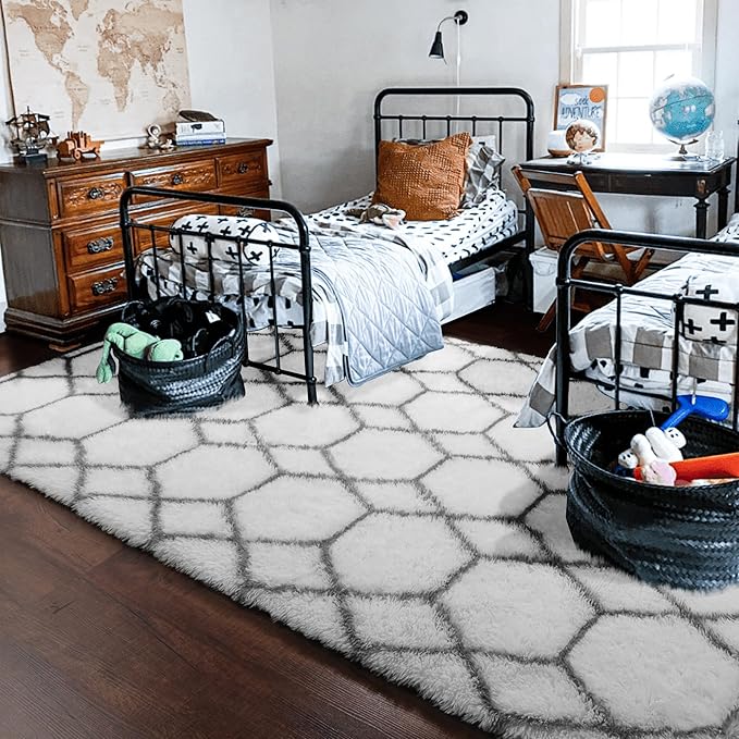 ONASAR Area Rugs for Living Room, 5x8 Fluffy White and Grey Rug for Bedroom, Geometric Moroccan Indoor Shaggy Boho Soft Plush Floor Carpet for Kids Teen Nursery Dorm Home Decor Aesthetic
