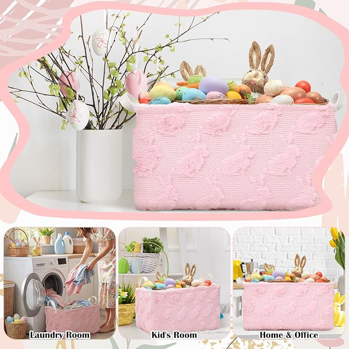 Kathfly Pink Rabbit Storage Baskets Easter Bunny Laundry Basket Plush Faux Fur Jacquard Design with Handles Waterproof Storage Bins Fabric Shelf Baskets for Easter Party Decorations