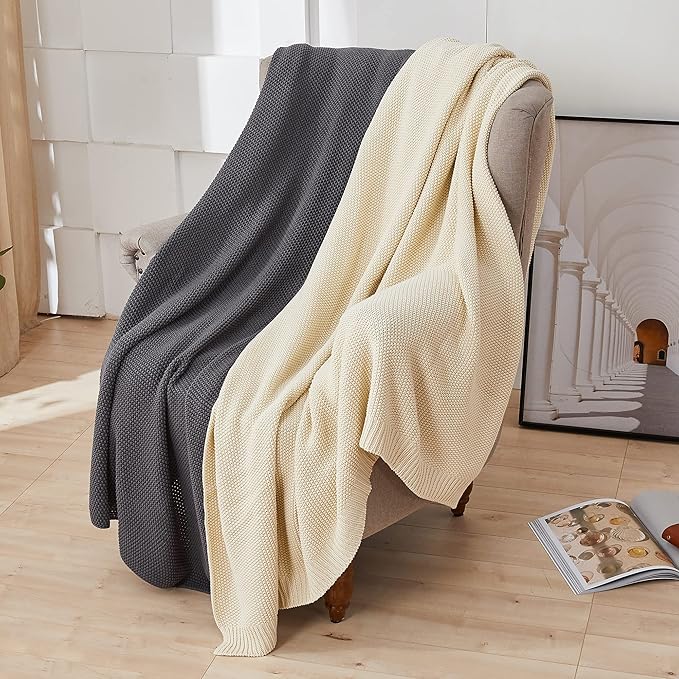 Longhui bedding Dark Grey 100% Cotton Lightweight Cable Knit Throw Blanket for Couch Sofa Bed Home Decorative, Bonus Laundering Bag, Dark Gray 50“ x 60”, Machine Washable