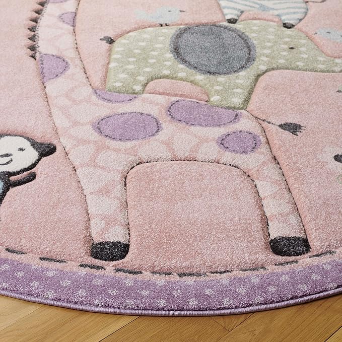 SAFAVIEH Carousel Kids Collection Area Rug - 5'3" Round, Blush Pink, Animal Design, Easy Care & Non-Shedding, Ideal for High Traffic Areas for Boys & Girls in Playroom, Nursery (CRK120U-5R)